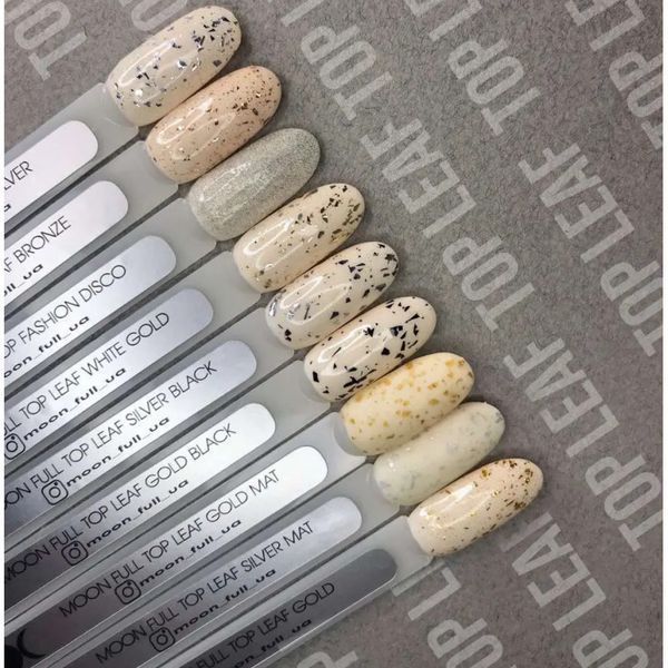 Топ для гель-лака без липкого слоя Moon Full Leaf White&nbsp;Gold Top, прозрачный с бело-золотой поталью, 8 мл 5908254191923 фото