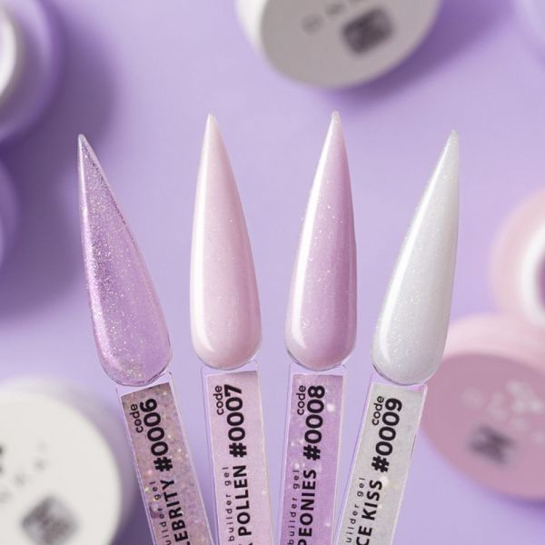Гель камуфлюючий для нарощування нігтів DNKa Builder Gel Shimmer, №0008, Ліловий з шимером (Peonies), 30 мл BGD0008 фото